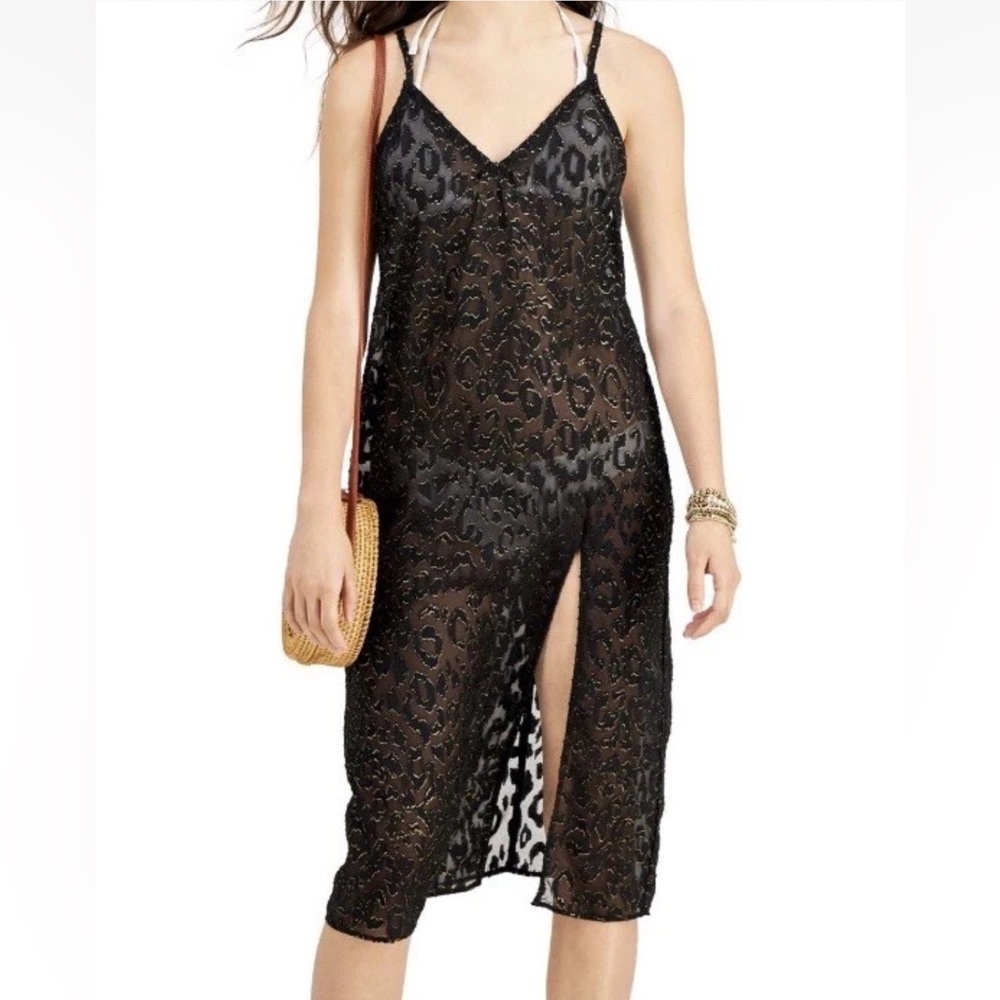 Miken Lurex Animal-Print MIDI Cover-up Dress Black Juniors Large NWT
